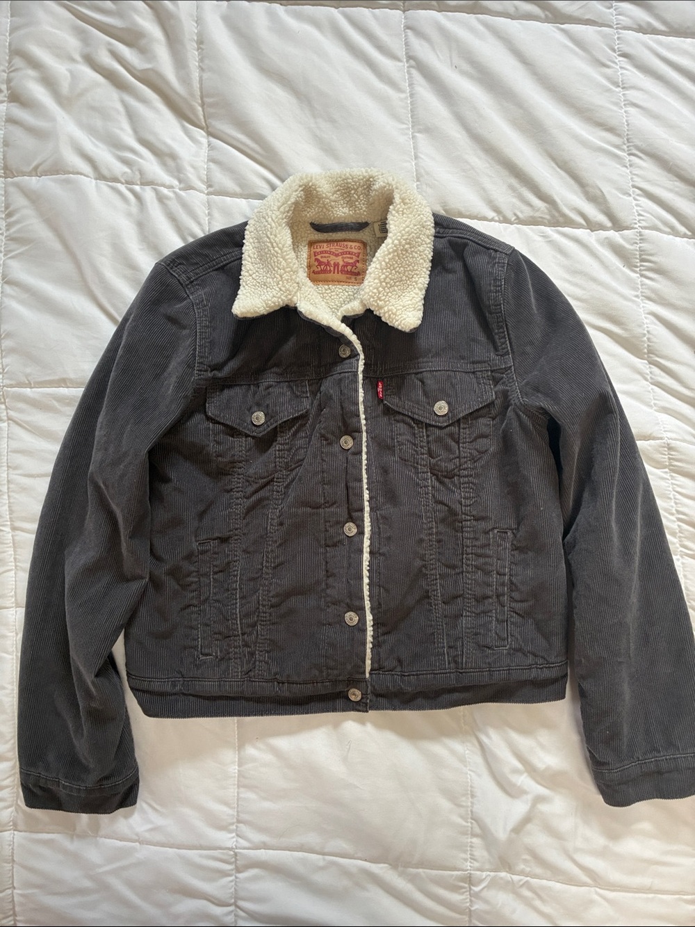 Levi's Gray Corduroy Sherpa-Lined Trucker Jacket with Cream Collar Women’s Sz Sm